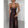 Hnědé dlouhé plesové společenské šaty CELLINES se šněrováním a rozparkem