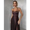 Hnědé dlouhé plesové společenské šaty CELLINES se šněrováním a rozparkem