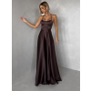 Hnědé dlouhé plesové společenské šaty CELLINES se šněrováním a rozparkem