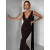 Hnědé společenské dlouhé vázací šaty RAVILETA s vlečkou