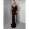 Hnědé společenské dlouhé vázací šaty RAVILETA s vlečkou