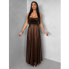 Hnědé saténové dlouhé společenské šaty LUNOREX