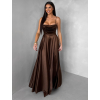 Hnědé saténové dlouhé společenské šaty LUNOREX