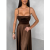 Hnědé saténové dlouhé společenské šaty LUNOREX