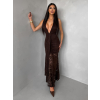 Hnědé společenské dlouhé krajkové vázací šaty ZERULON