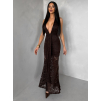 Hnědé společenské dlouhé krajkové vázací šaty ZERULON