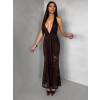 Hnědé společenské dlouhé krajkové vázací šaty ZERULON