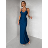 Petrolejová dlouhé saténové společenské šaty ORIXY s výstřihem