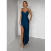 Petrolejová dlouhé saténové společenské šaty ORIXY s výstřihem