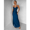 Petrolejová dlouhé saténové společenské šaty ORIXY s výstřihem