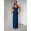 Petrolejová dlouhé saténové společenské šaty ORIXY s výstřihem
