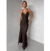Tmavě hnědé dlouhé saténové šaty ORIXY s výstřihem
