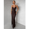 Tmavě hnědé dlouhé saténové šaty ORIXY s výstřihem