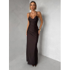 Tmavě hnědé dlouhé saténové šaty ORIXY s výstřihem