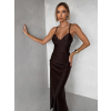 Tmavě hnědé dlouhé saténové šaty ORIXY s výstřihem