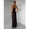 Tmavě hnědé dlouhé saténové šaty ORIXY s výstřihem