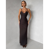 Tmavě hnědé dlouhé saténové šaty ORIXY s výstřihem