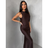 Tmavě hnědé saténové dlouhé společenské šaty LETERA s rozparkem