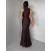 Tmavě hnědé saténové dlouhé společenské šaty LETERA s rozparkem