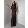 Tmavě hnědé saténové dlouhé společenské šaty LETERA s rozparkem