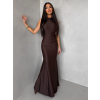 Tmavě hnědé saténové dlouhé společenské šaty LETERA s řasením