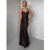 Tmavě hnědé společenské dlouhé šaty SATIN