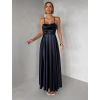 Tmavě modré saténové dlouhé společenské šaty LUNOREX