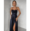 Tmavě modré saténové dlouhé společenské šaty LUNOREX
