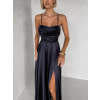 Tmavě modré saténové dlouhé společenské šaty LUNOREX