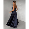 Tmavě modré saténové dlouhé společenské šaty LUNOREX