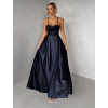 Tmavě modré saténové dlouhé společenské šaty LUNOREX