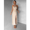 Béžové saténové společenské šaty ELIRON s rozparkem