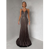 Hnědé luxusní plesové třpytivé šaty RAVELLE na ramínka
