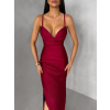 Bordó dlouhé saténové společenské šaty ORIXY s výstřihem