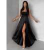 Černé dlouhé saténové společenské šaty HELSIN na ramínka