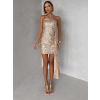 Zlaté flitrované mini koktejlové šaty SOLIQUE s vlečkou