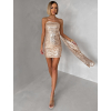 Zlaté flitrované mini koktejlové šaty SOLIQUE s vlečkou