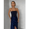 Tmavě modré třpytivé korzetové společenské šaty AVENZA s rozparkem