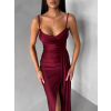 Bordó dlouhé saténové společenské šaty OLIRYA na ramínka