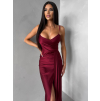 Bordó dlouhé saténové společenské šaty OLIRYA na ramínka