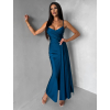 Petrolejové dlouhé společenské šaty OLIRYA s výstřihem