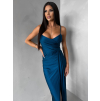 Petrolejové dlouhé společenské šaty OLIRYA s výstřihem