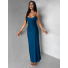 Petrolejové dlouhé společenské šaty OLIRYA s výstřihem