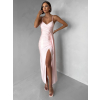 Světle růžové dlouhé společenské šaty OLIRYA s výstřihem