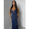 Tmavě modré plesové třpytivé dlouhé šaty RAVELLE s rozparkem
