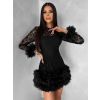 Černé krajkové mini koktejlové šaty VINDORA s tylovým volánem