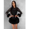 Černé krajkové mini koktejlové šaty VINDORA s tylovým volánem