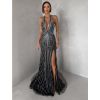 Černé luxusní dlouhé plesové třpytivé šaty ISOLANE