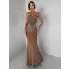Hnědé nude třpytivé dlouhé šaty XANDERA