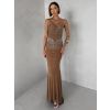 Hnědé nude třpytivé dlouhé šaty XANDERA